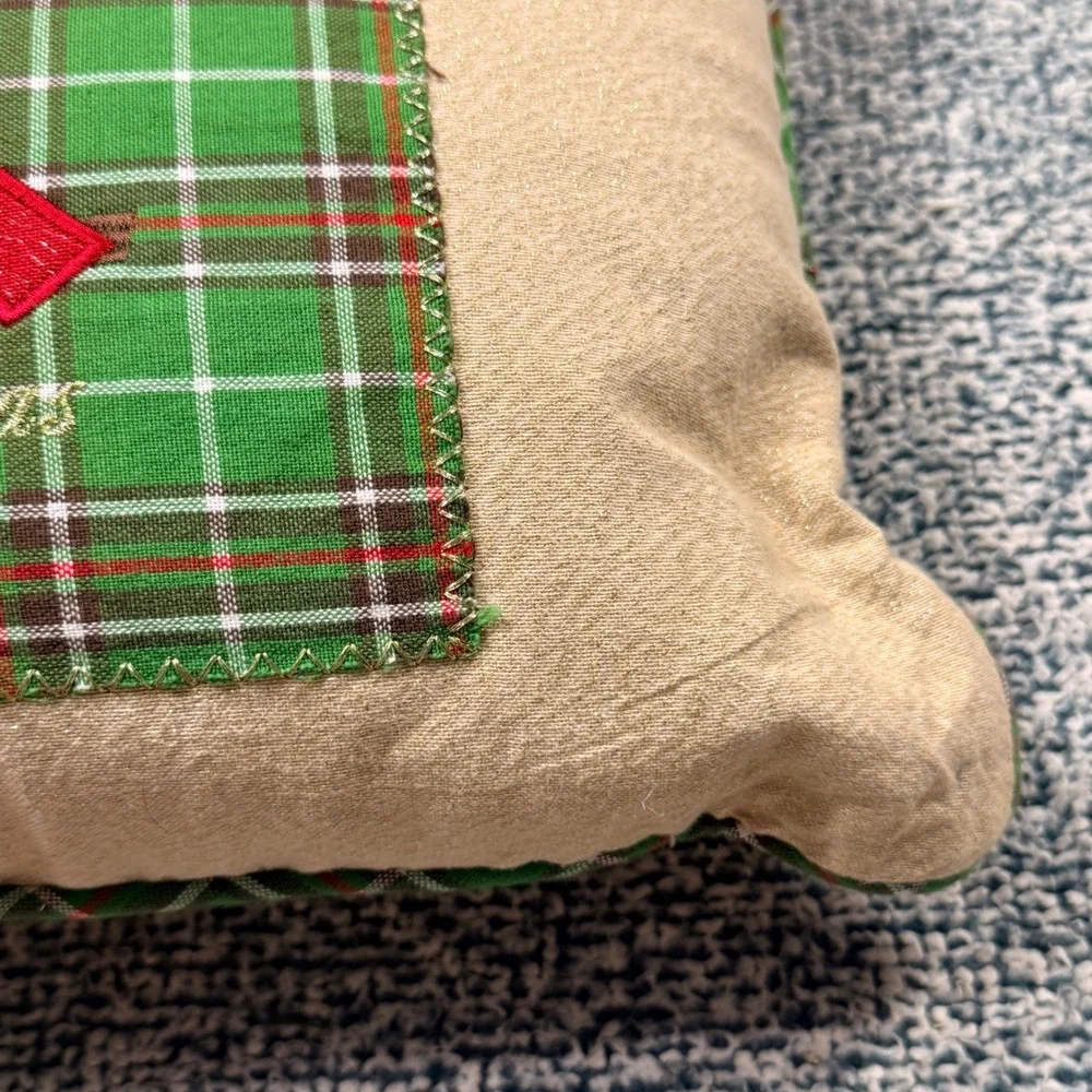 Merry Christmas Cardinal Plaid Accent Pillow Red Green Tan Holiday Decor 19x12